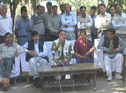 A former Health Minister, Mr J.P. Nadda, makes a point at a press conference held at the rest house in Hamirpur on Wednesday. Ms Urmla Thakur, a former MLA, is to the left of Mr Nadda. 