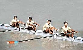 Karnataka's Mahesh G, Antony H, Siju Thomas and Parveen Singh, who entered the final of the men's light coxless fours event on the third day of the 24th Open National Rowing Championship