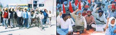 Members of the Punjab Pardesh Teachers Union (left) and the Democratic Teachers Front hold parallel protest rallies in Khanna
