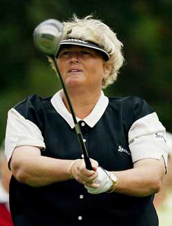 Laura Davies of Great Britain watches the progress of her tee shot during her first round at the Australian Women's Golf Championship in Sydney 