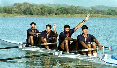 Services' Manoj Augustine, Inderpal Singh, Jagtar Singh and Rajesh Kumar celebrate their victory in the men's coxless fours event on the concluding day of the 24th Open National Rowing Championship at Sukhna Lake