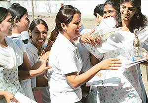 Jubilant students with their prizes after the annual prize distribution function at GCG-11, Chandigarh, on Friday. 
