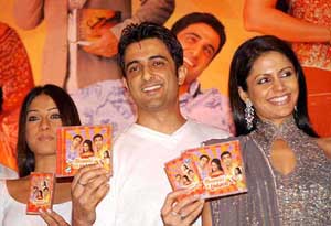 Bollywood actors Mandira Bedi, Sanjay Suri and Samita Bangargi at the music release function of the film "Shaadi ka Laddoo," in Mumbai