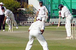 East Zone's Kiran Powar drives an Ashish Nehra delivery in the Duleep Trophy final against North Zone at the PCA Stadium in Mohali on Friday