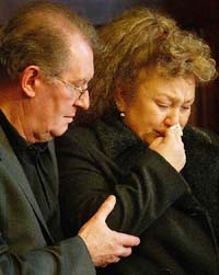 Rabiye Kurnaz, mother of Murat Kurnaz, a German detainee at Guantanamo Bay detention camp, Cuba, is comforted by British actor and human rights campaigner Corin Redgrave