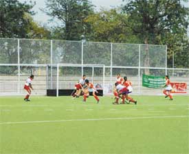 A match in progress between Dhanoa Academy, Jalandhar, and North-Eastern Railway at the 8th All-India MPS Grewal Hockey Tournament that began at PAU