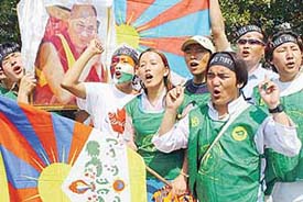 Students of the Tibetan Youth Congress hold a rally on the 45th anniversary of the Tibetan National Uprising Day in Chandigarh on Wednesday. 