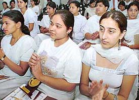 Students of Government College for Girls, Sector 42, during the annual prize distribution function of the college in Chandigarh on Wednesday. 