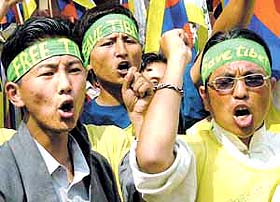 Tibetan protestors at the culmination of the 535-km march, which started in Dharamshala on February 11
