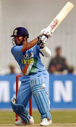 Sachin Tendulkar hits a shot during a warm-up match between India and Pakistan 'A'