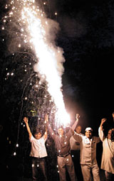 Activists of the Akhil Bharatiya Muslim Yuva Ekta Committee celebrate India�s sensational victory over Pakistan