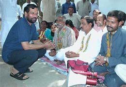 Lok Janshakti Party President Ramvilas Paswan(left) with members of his party from Champaran at his residence in New Delhi on Sunday. The party workers are demanding that Mr Paswan or his wife should contest the forthcoming parliamentary poll from the Bagha constituency in Champaran, Bihar.