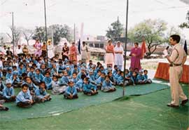 A traffic rules awareness camp in progress at Guru Nanak Public School, Mauli Baidwan, on Sunday.