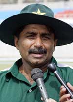 Pakistani cricket team coach Javed Miandad speaks to reporters after training in Rawalpindi