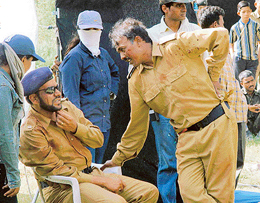 Ashutosh Rana (seated in the left) plays a Pakistani general during the shooting of Anil Sharma�s film, �Ab Tumhare Hawale Watan Saathiyo�, in Chandi Mandir on Wednesday.