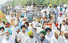 Farmers protesting at the Matka Chowk in support of their demands in Chandigarh on Wednesday.