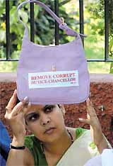 A DUTA activist sitting on dharna in protest against the VC of Delhi University at Jantar Mantar in the Capital on Wednesday.