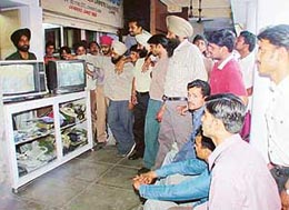 Cricket fans watch the one-day tie at Peshawar with disappointment in front of a Sector 27 showroom in Chandigarh on Friday. 