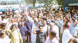 Haryana Roadways employees protest in support of their demands in Industrial Area, Phase I, Chandigarh, on Friday. 