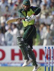Abdul Razzaq hits a shot in the third One-Day International between India and Pakistan