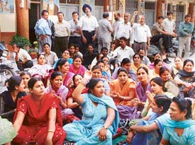 Teachers of SDP Senior Secondary School, Hazoori road, stage a protest on Saturday, alleging they had not received their salary for the past four months