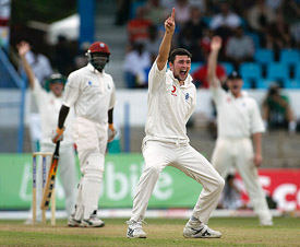 England's Stephen Harmison unsuccessfully appeals for an LBW decision against West Indies batsman Ridley Jacobs