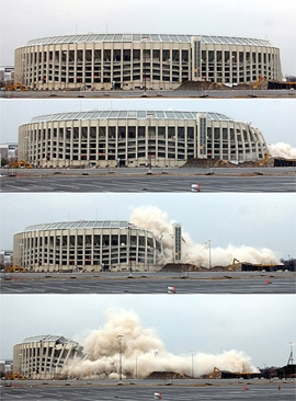 A combination picture of the explosion of Veterans Stadium in Philadelphia 