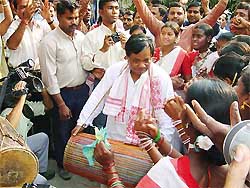Former Lok Sabha Speaker P.A. Sangma beats drums to celebrate the launching of his  party, Nationalist Trinamool Congress Party, in Guwahati 
