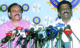 Board of Control for Cricket in India secretary S K Nair and vice-chairman of Communication and Co-ordination Committee C K Khanna announcing the squad for the three-Test series against Pakistan in New Delhi on Monday.