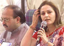 Samajwadi Party General Secretary Amar Singh with Bollywood actress and SJP candidate from the Rampur parliamentary constituency, Jaya Prada, at a Press conference in New Delhi