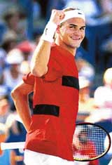 Roger Federer of Switzerland celebrates after defeating Britain's Tim Henman in the final of the Pacific Life Open at Indian Wells, USA