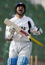 Sachin Tendulkar reacts during a training session in Lahore on Tuesday