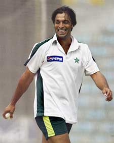Shoaib Akhtar smiles during a training session 