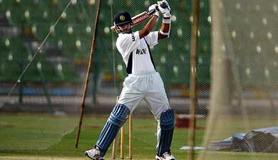 Rahul Dravid hits bats at the nets during a training session in Lahore 