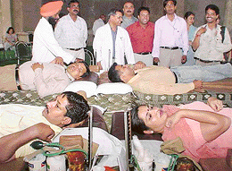 Blood donors at a camp at Shri Shiv Manas Mandir (Vayusena) Industrial Area, Phase II, in Chandigarh on Wednesday. 