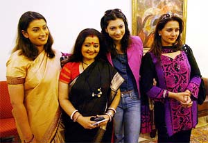 Popular Indian television stars Smriti Irani and Apra Mehta join former Miss World Yukta Mookhey and Bollywood star Poonam Dhillon at a news conference in Mumbai