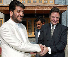 British High Commissioner to India Michael Arthur is greeted by Jammu Kashmir Democratic Freedom Party chief Shabir Shah 