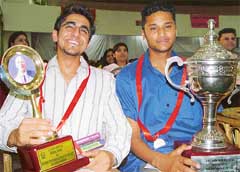 Ayushman Khurana (all round best student) and Vikas Kumar (best sportsman of the college) all smiles at the prize distribution function at DAV College, Sector 10, Chandigarh