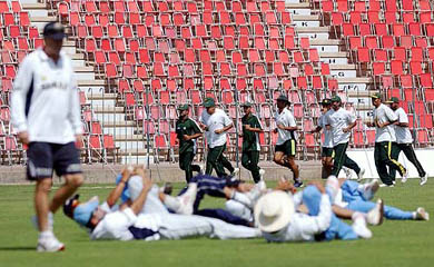 Indian and Pakistan teams during the practice session at the Multan Cricket Stadium