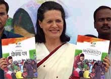 Congress President Sonia Gandhi releases her party�s election manifesto in New Delhi