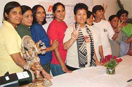 Ms Bachendri Pal, Director, Tata Steel Adventure Foundation, and her team of women climbers at a press conference in the Capital on Sunday. 
