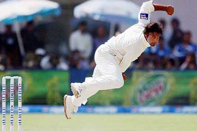 Pakistani speedster Shoaib Akhtar bowls during the opening day of the first Test against India