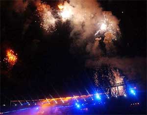 Spectacular fireworks seen over the stadium during the opening ceremony of the 9th SAF Games in Islamabad