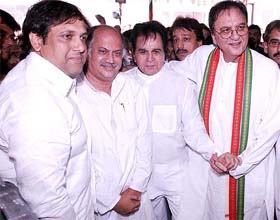 Thespian Dilip Kumar, Bollywood actor and Congress leader Govinda at the opening of Sunil Dutt�s election office in north-western Mumbai