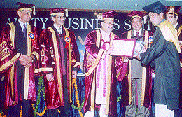 Major-General K. J. Singh, Head, Amity Business School, Noida, and Member of Parliament Amar Singh at the sixth convocation ceremony of Amity Business School, Noida.