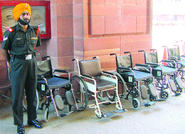 Wheelchairs kept for disabled visitors, specially invited to enjoy the beauty of the famous Mughal Garden in the Capital on Wednesday. 