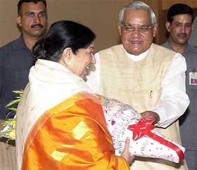 Prime Minister Atal Bihari Vajpayee welcomes melody queen Lata Mangeshkar during the release of music album �Antar-Naad� comprising poems of Mr Vajpayee sung by her in New Delhi 