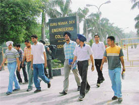 Students of Guru Nanak Engineering College come out after the college was closed for two days due to SGPC President Gurcharan Singh Tohra�s death