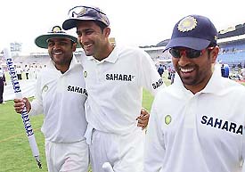 Virender Sehwag, Anil Kumble and Sachin Tendulkar, the chief architects behind India's first-ever Test victory in Pakistan