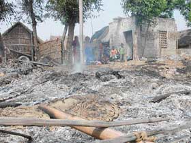Burnt houses in Seera village near Ludhiana after a brawl on Friday. Photo: IV